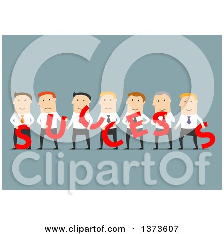 Clipart of a Flat Design Team of White Business Men Holding SUCCESS Letters, on Blue - Royalty Free Vector Illustration by Vector Tradition SM