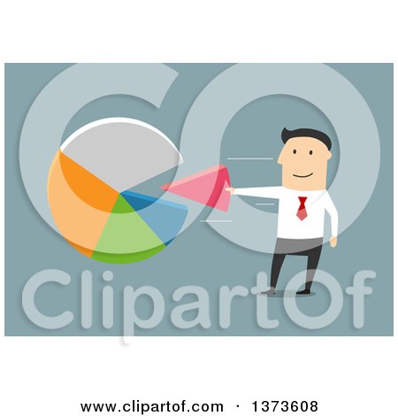 Clipart of a Flat Design White Business Man Inserting a Piece into a Pie Chart, on Blue - Royalty Free Vector Illustration by Vector Tradition SM