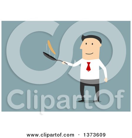 Clipart of a Flat Design White Business Man Flipping a Pancake, on Blue - Royalty Free Vector Illustration by Vector Tradition SM