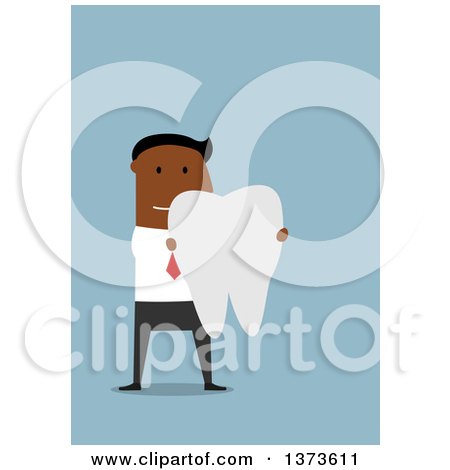 Clipart of a Flat Design Black Business Man Holding a Giant Tooth, on Blue - Royalty Free Vector Illustration by Vector Tradition SM