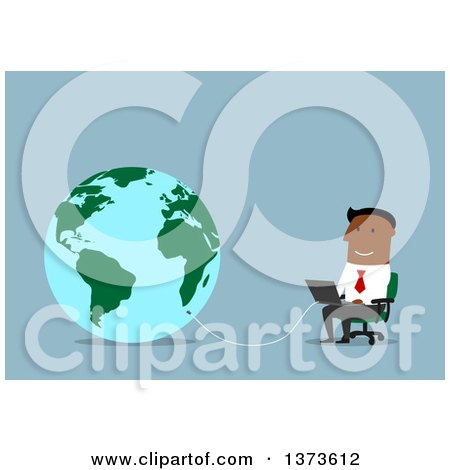 Clipart of a Flat Design Black Business Man Using a Laptop Wired to Earth, on Blue - Royalty Free Vector Illustration by Vector Tradition SM