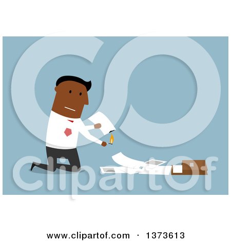 Clipart of a Flat Design Black Business Man Lighting Documents on Fire, on Blue - Royalty Free Vector Illustration by Vector Tradition SM