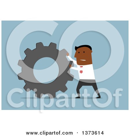 Clipart of a Flat Design Black Business Man Pushing a Gear Cog, on Blue - Royalty Free Vector Illustration by Vector Tradition SM