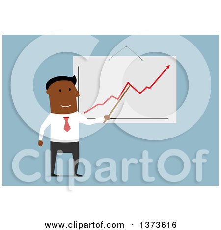 Clipart of a Flat Design Black Business Man Discussing a Growth Chart, on Blue - Royalty Free Vector Illustration by Vector Tradition SM