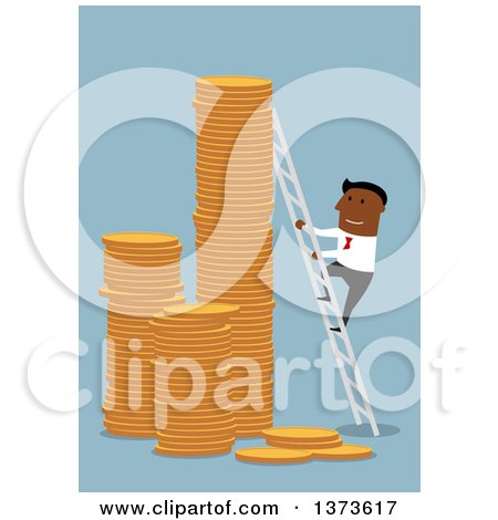 Clipart of a Flat Design Black Business Man Climbing Stacks of Coins with a Ladder, on Blue - Royalty Free Vector Illustration by Vector Tradition SM