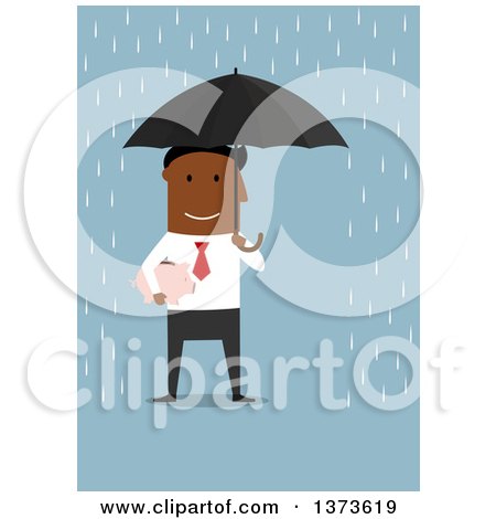 Clipart of a Flat Design Black Business Man Holding a Piggy Bank and Umbrella in the Rain, on Blue - Royalty Free Vector Illustration by Vector Tradition SM