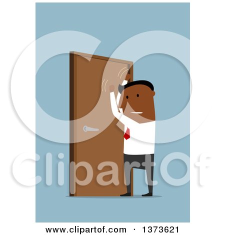 Clipart of a Flat Design Black Business Man Pounding on a Door, on Blue - Royalty Free Vector Illustration by Vector Tradition SM
