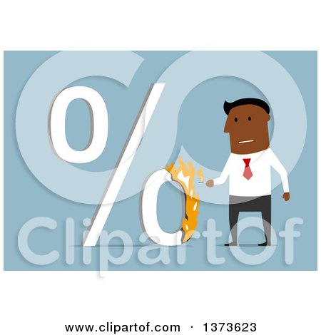 Clipart of a Flat Design Black Business Man Lighting a Percent Symbol on Fire, on Blue - Royalty Free Vector Illustration by Vector Tradition SM
