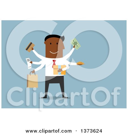 Clipart of a Flat Design Black Business Man Multitasking and Shopping, on Blue - Royalty Free Vector Illustration by Vector Tradition SM