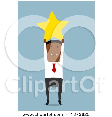 Clipart of a Flat Design Black Business Man Holding up a Star, on Blue - Royalty Free Vector Illustration by Vector Tradition SM