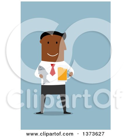 Clipart of a Flat Design Black Business Man Holding a Beer and Fish, on Blue - Royalty Free Vector Illustration by Vector Tradition SM
