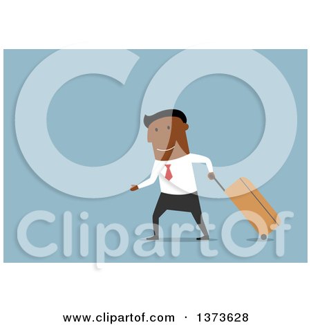 Clipart of a Flat Design Black Business Man Walking with a Rolling Suitcase, on Blue - Royalty Free Vector Illustration by Vector Tradition SM