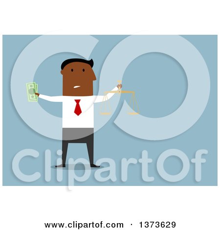 Clipart of a Flat Design Black Business Man Holding Cash Money and a Scale, on Blue - Royalty Free Vector Illustration by Vector Tradition SM