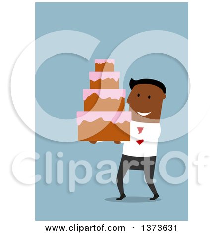 Clipart of a Flat Design Black Business Man Carrying a Wedding Cake, on Blue - Royalty Free Vector Illustration by Vector Tradition SM