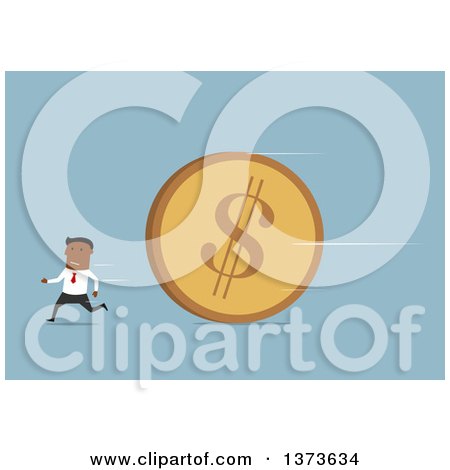 Clipart of a Flat Design Black Business Man Running from a Giant Dollar Coin, on Blue - Royalty Free Vector Illustration by Vector Tradition SM