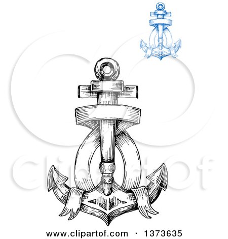 Clipart of Blue and Black and White Sketched Anchors - Royalty Free Vector Illustration by Vector Tradition SM