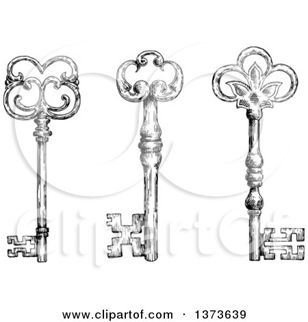 Clipart of Black and White Sketched Skeleton Keys - Royalty Free Vector Illustration by Vector Tradition SM