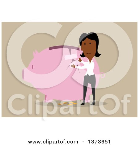 Clipart of a Flat Design Black Business Woman Taping up a Broken Piggy Bank, on Tan - Royalty Free Vector Illustration by Vector Tradition SM