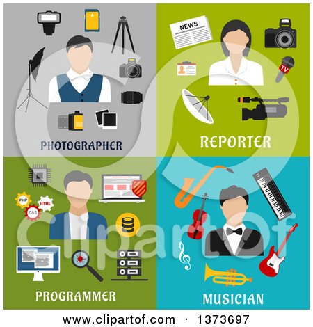 Clipart of a Photographer, Reporter, Programmer, and Musician with Text - Royalty Free Vector Illustration by Vector Tradition SM