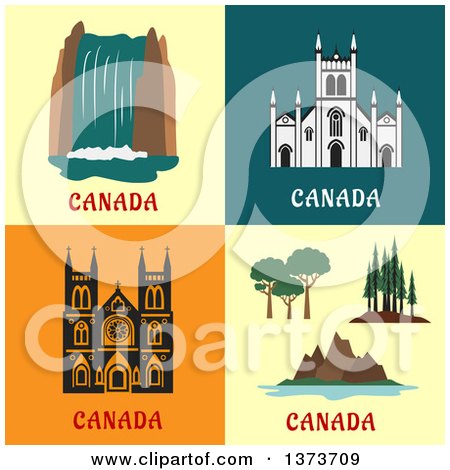 Clipart of a Canadian Waterfall and Architectural Landmarks - Royalty Free Vector Illustration by Vector Tradition SM