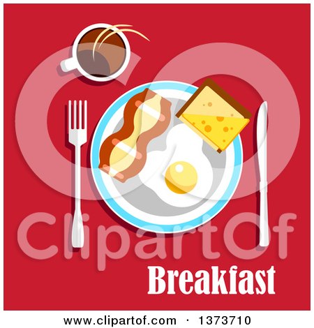 Clipart of a Breakfast Plate with a Fried Egg, Bacon and Toast, Served with Coffee over Red with Text - Royalty Free Vector Illustration by Vector Tradition SM