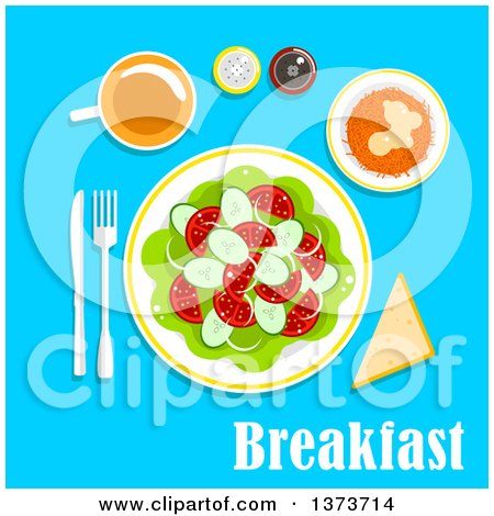 Clipart of a Vegetarian Breakfast Salad with a Cup of Tea, Bread, Salt and Pepper Shakers, with Text on Blue - Royalty Free Vector Illustration by Vector Tradition SM