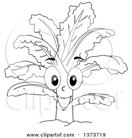 Clipart of a Black and White Lineart Happy Kale Plant Character - Royalty Free Vector Illustration by BNP Design Studio