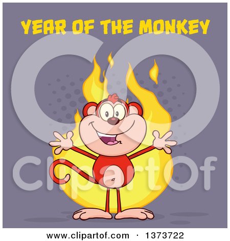 Cartoon Clipart of a Happy Monkey Mascot with Flames and Year of the Monkey Text on Purple - Royalty Free Vector Illustration by Hit Toon