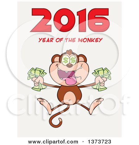 Cartoon Clipart of a Rich Monkey Holding Cash and Jumping with 2016 Year of the Monkey Text on White - Royalty Free Vector Illustration by Hit Toon
