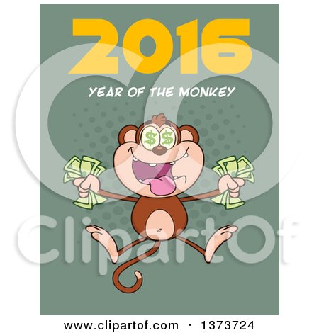 Cartoon Clipart of a Rich Monkey Holding Cash and Jumping with 2016 Year of the Monkey Text on Green - Royalty Free Vector Illustration by Hit Toon