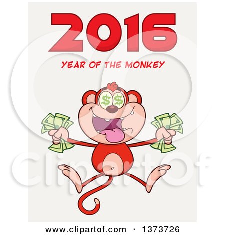Cartoon Clipart of a Rich Monkey Holding Cash and Jumping with 2016 Year of the Monkey Text on White - Royalty Free Vector Illustration by Hit Toon