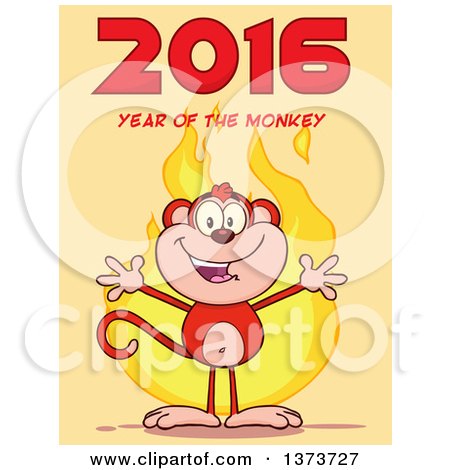 Cartoon Clipart of a Happy Monkey Mascot with Flames and 2016 Year of the Monkey Text on Yellow - Royalty Free Vector Illustration by Hit Toon