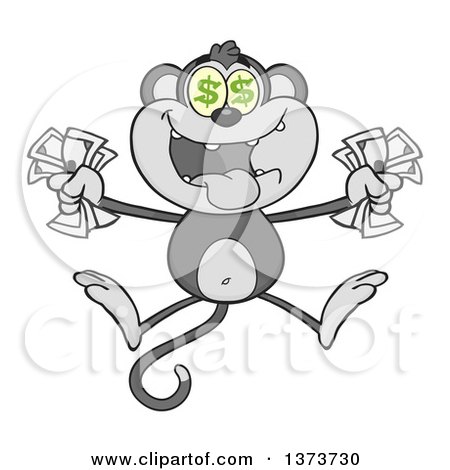 Cartoon Clipart of a Gray Rich Monkey Mascot with Dollar Eyes, Holding Cash Money and Jumping - Royalty Free Vector Illustration by Hit Toon