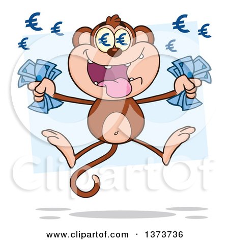Cartoon Clipart of a Rich Monkey Mascot with Euro Eyes, Holding Cash Money and Jumping over Blue - Royalty Free Vector Illustration by Hit Toon