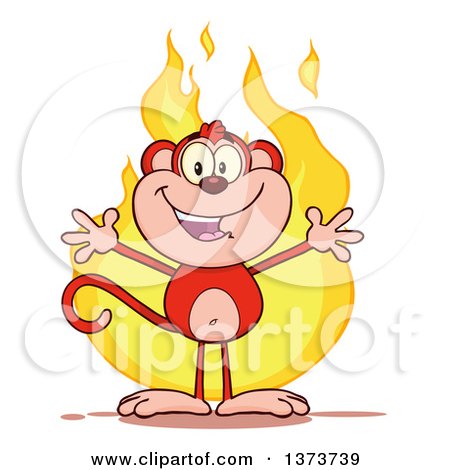Cartoon Clipart of a Happy Red Monkey Mascot with Open Arms over Flames - Royalty Free Vector Illustration by Hit Toon