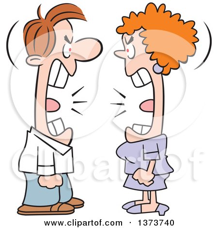 Cartoon Clipart of a Mad Caucasian Couple Shouting over He Said She Said - Royalty Free Vector Illustration by Johnny Sajem