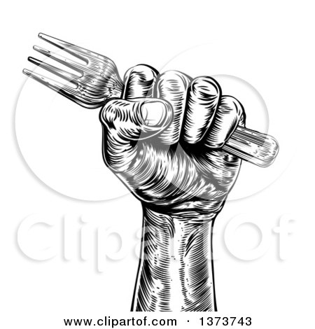 Clipart of a Black and White Retro Woodcut Fisted Hand Holding a Fork - Royalty Free Vector Illustration by AtStockIllustration