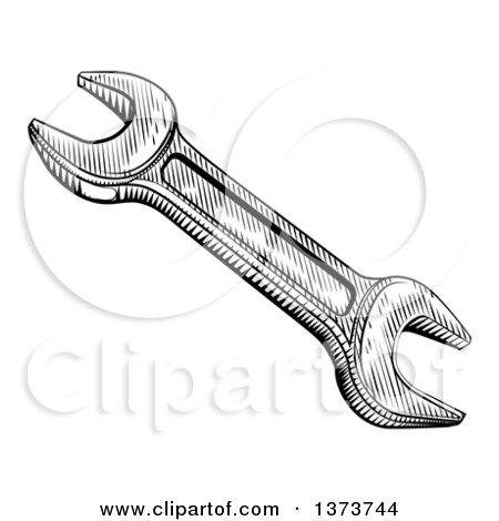 Clipart of a Black and White Retro Woodcut Spanner Wrench - Royalty Free Vector Illustration by AtStockIllustration