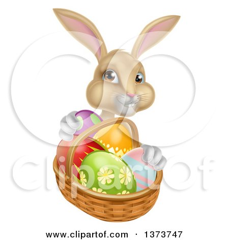 Clipart of a Happy Beige Easter Bunny with a Basket of Eggs - Royalty Free Vector Illustration by AtStockIllustration