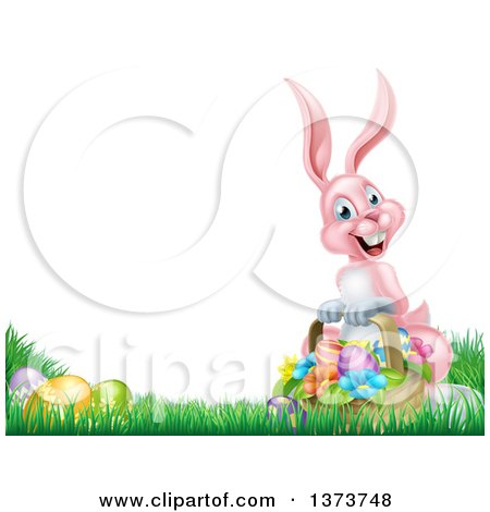 Clipart of a Happy Pink Easter Bunny with a Basket of Eggs and Flowers in the Grass, with White Text Space - Royalty Free Vector Illustration by AtStockIllustration