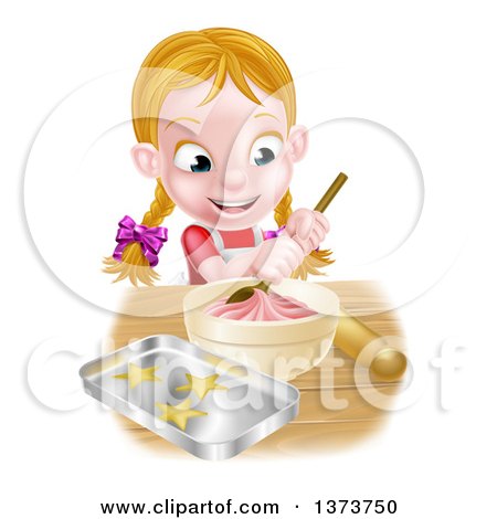 Clipart of a Cartoon Happy White Girl Making Pink Frosting and Star Cookies - Royalty Free Vector Illustration by AtStockIllustration