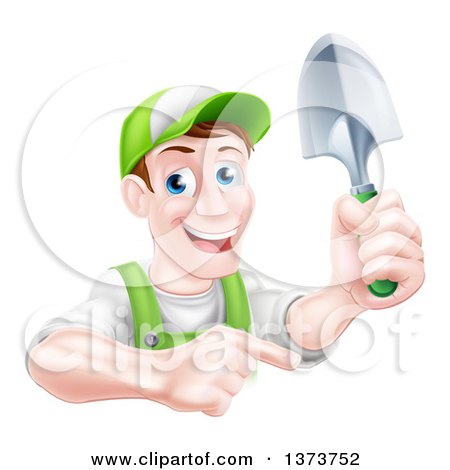 Clipart of a Happy Middle Aged Brunette White Male Gardener in Green, Pointing and Holding a Shovel - Royalty Free Vector Illustration by AtStockIllustration