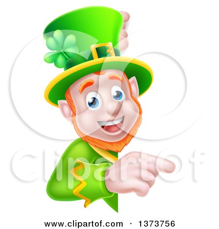 Clipart of a Cartoon Happy St Patricks Day Leprechaun Pointing Around a Sign - Royalty Free Vector Illustration by AtStockIllustration