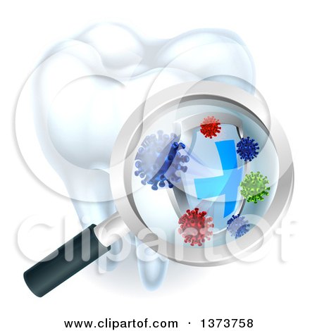 Clipart of a 3d Magnifying Glass Discovering a Shield and Germs or Bacteria on a Tooth - Royalty Free Vector Illustration by AtStockIllustration