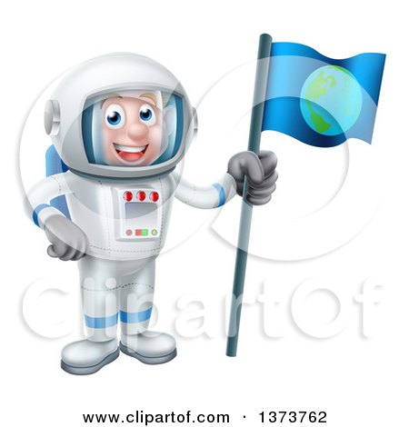 Clipart of a Happy White Male Astronaut in a Space Suit, Holding an Earth Flag - Royalty Free Vector Illustration by AtStockIllustration