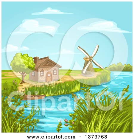 Clipart Of A House and Windmill Along a Stream - Royalty Free Vector Illustration by merlinul
