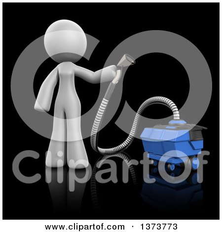 Clipart of a 3d White Cleaning Lady Using a Rug Cleaner, on a Black Background - Royalty Free Illustration by Leo Blanchette