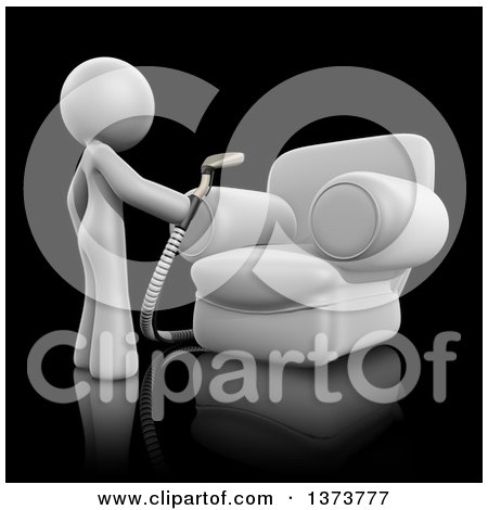 Clipart of a 3d White Cleaning Lady Using an Upholstery Cleaner on a Chair, on a Black Background - Royalty Free Illustration by Leo Blanchette