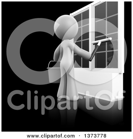 Clipart of a 3d White Cleaning Lady Washing Windows, on a Black Background - Royalty Free Illustration by Leo Blanchette
