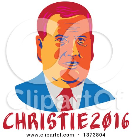 Clipart of a Retro WPA Styled Portrait of Republican Presidential Nominee Chris Christie over Text - Royalty Free Vector Illustration by patrimonio